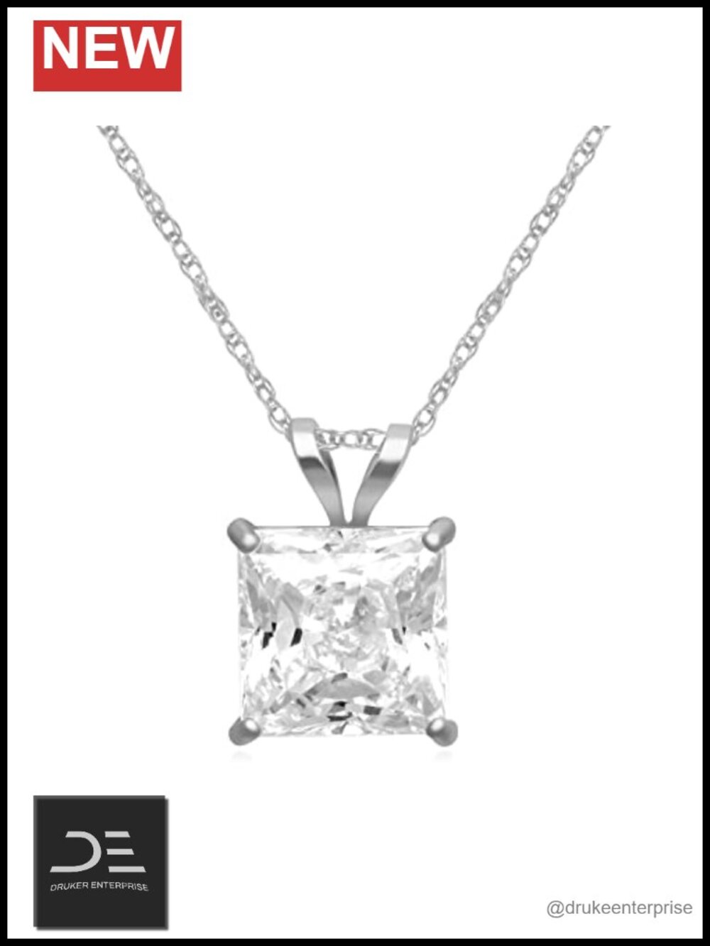 10K White Gold 1.5 CTW CZ Princess Cut Pendant Necklace 18 Inch Rope Chain Fine